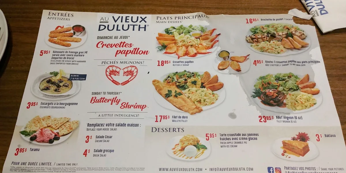 Menu, Restaurant Au Vieux Duluth