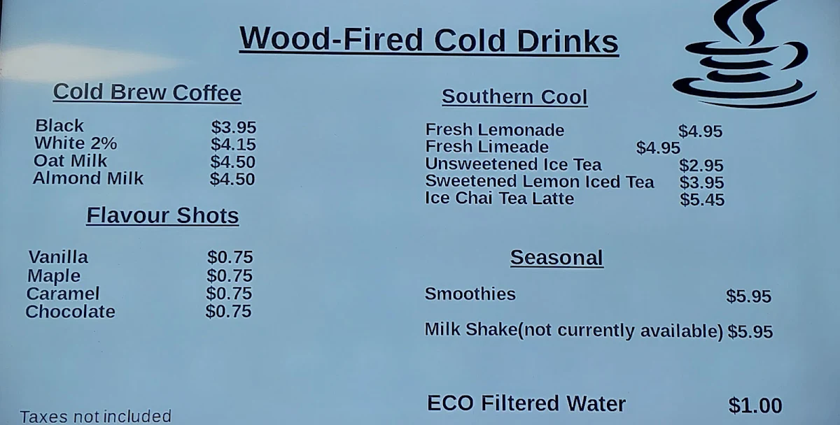 Menu, The Woodfired Cafe