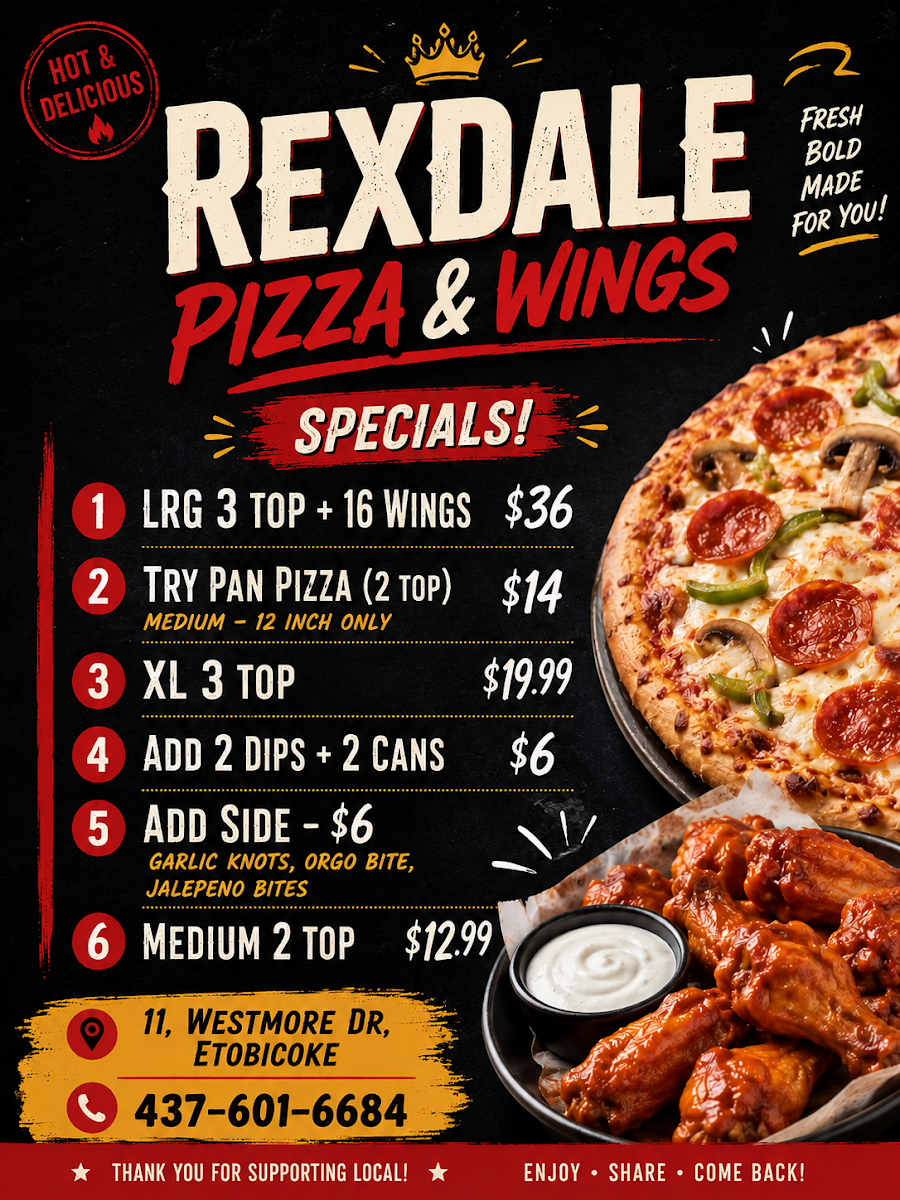 Menu, Rexdale Pizza & Wings