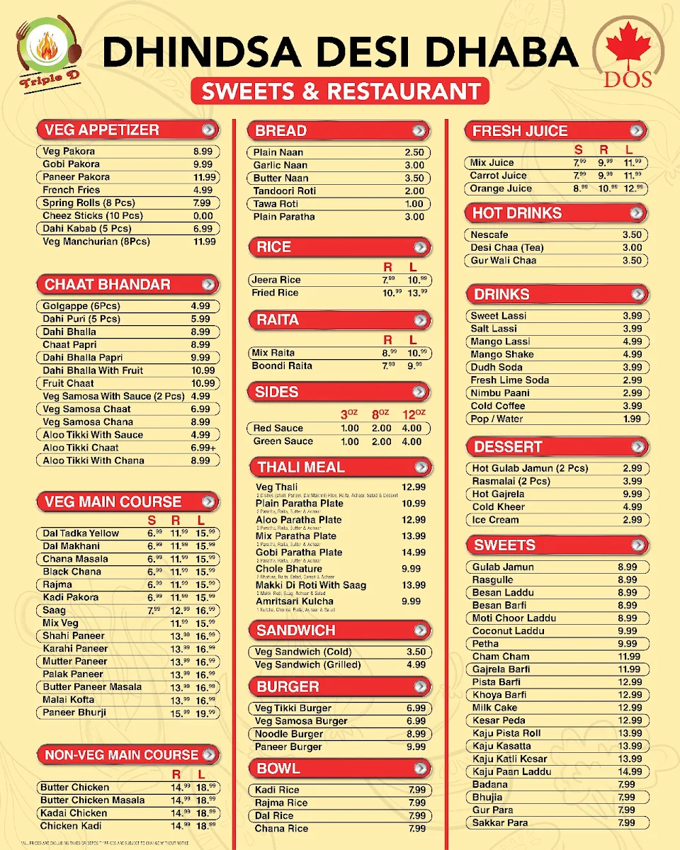 Menu, Dhindsa Desi Dhaba