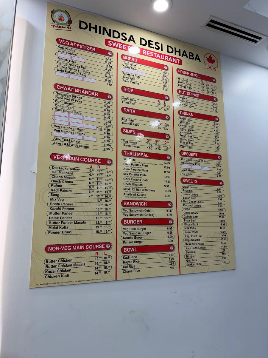 Menu, Dhindsa Desi Dhaba