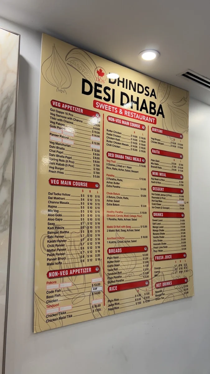 Menu, Dhindsa Desi Dhaba