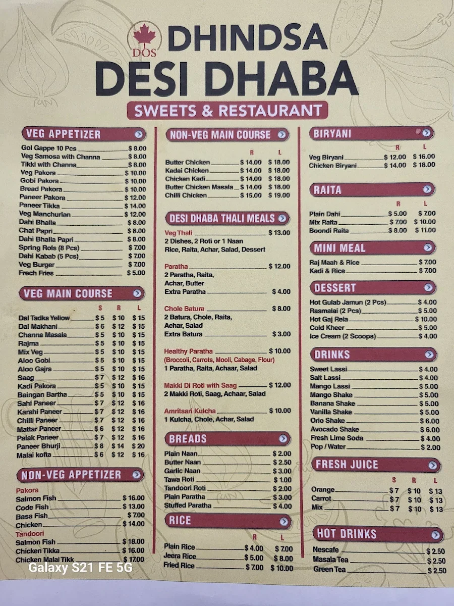 Menu, Dhindsa Desi Dhaba