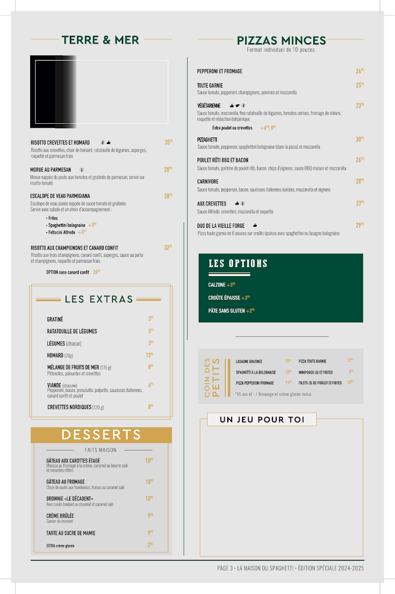 Menu, Maison du Spaghetti Rimouski