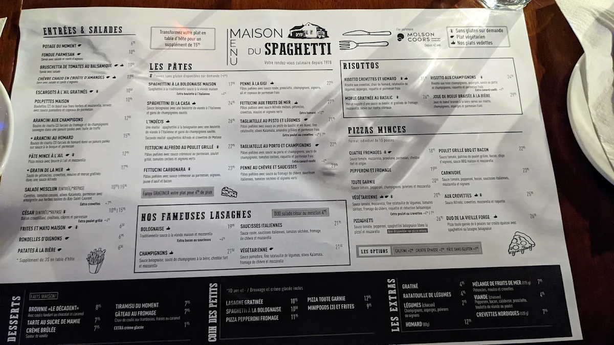 Menu, Maison du Spaghetti Rimouski