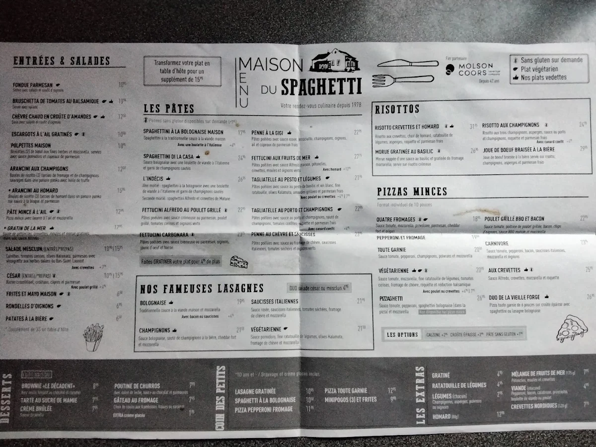 Menu, Maison du Spaghetti Rimouski