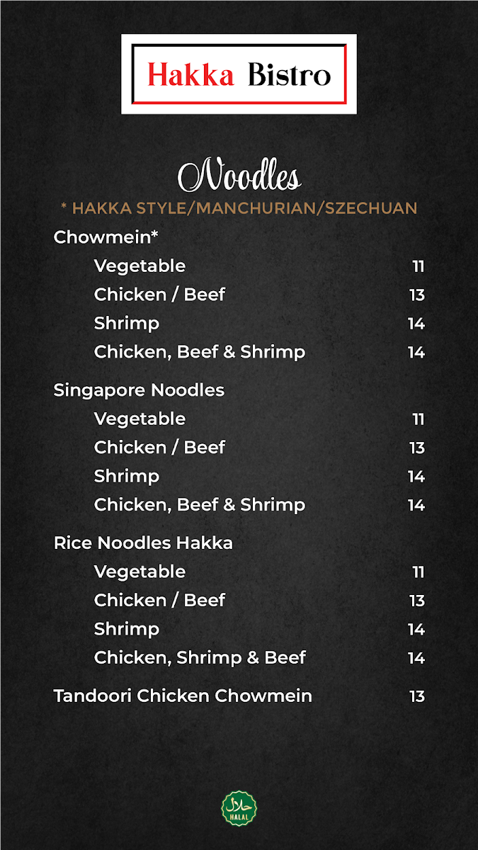 Menu, Hakka Bistro