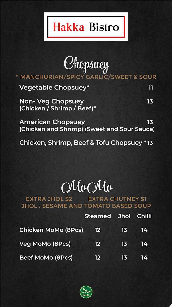 Menu, Hakka Bistro