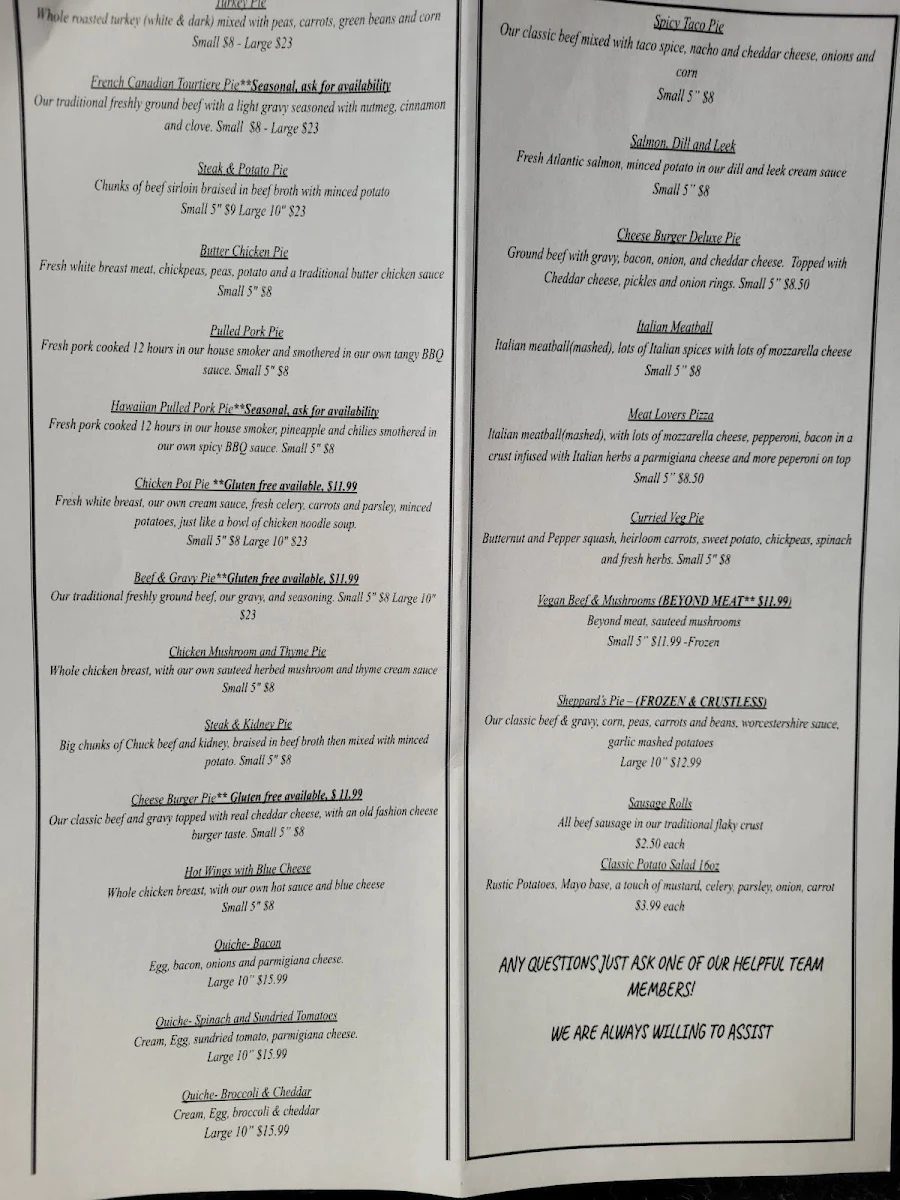 Menu, Hamilton Meat Pie Co.