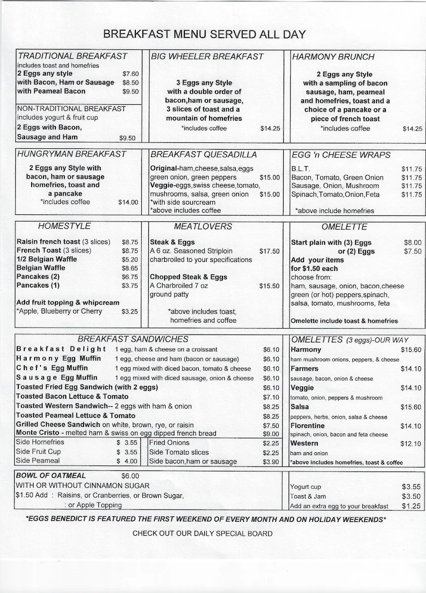 Menu, Harmony Pastry Shop & Cafe