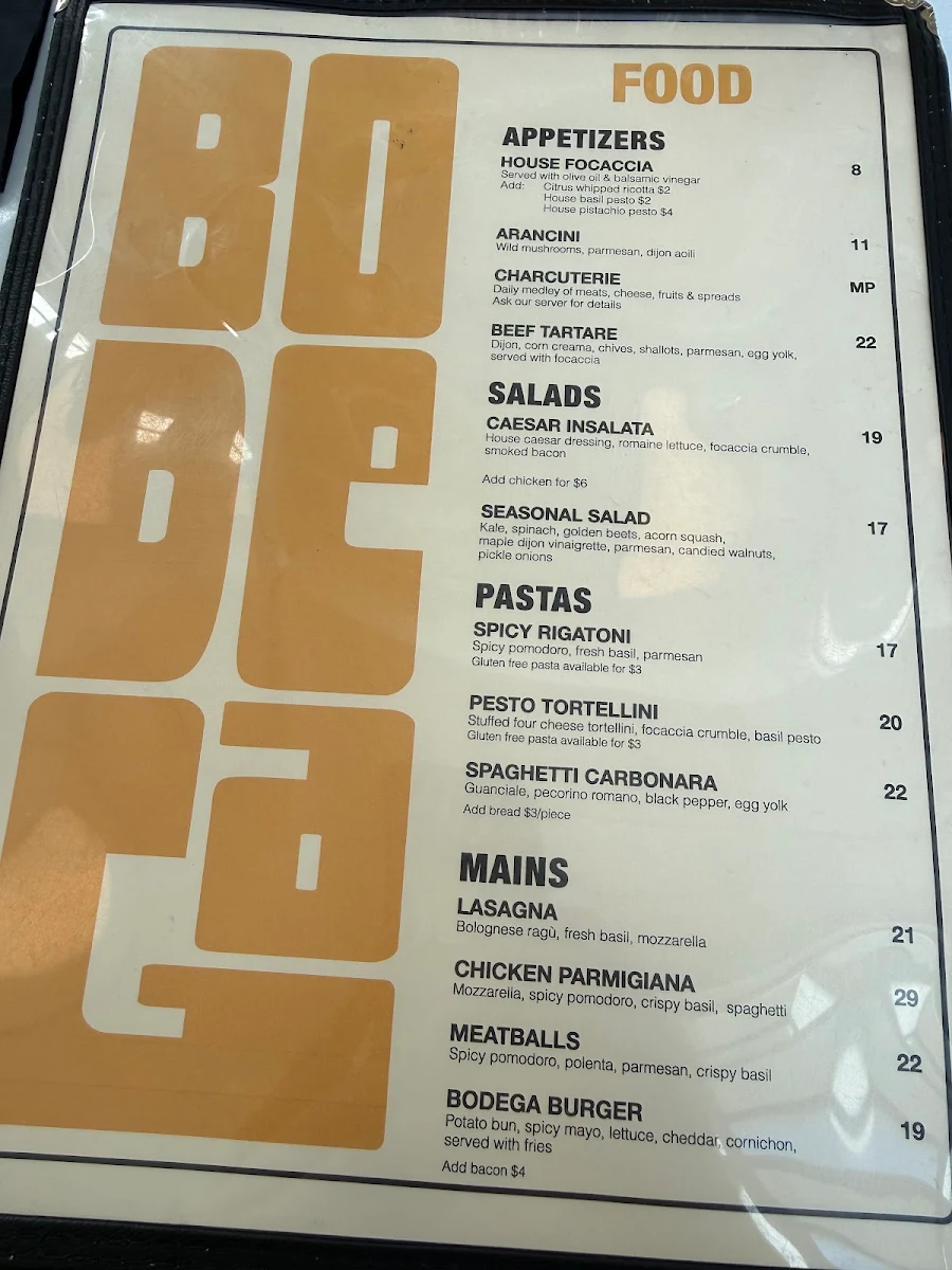 Menu, BODEGA
