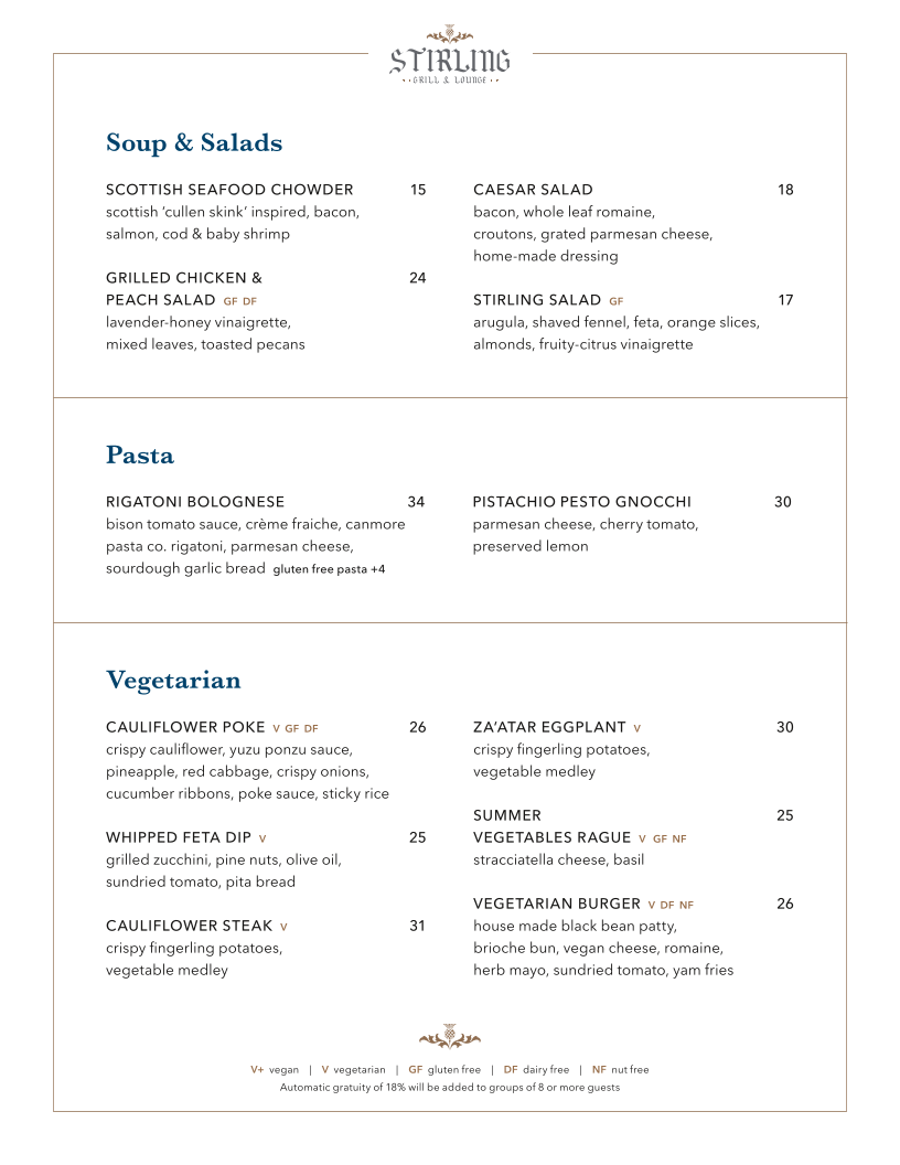 Menu, Stirling Grill and Lounge