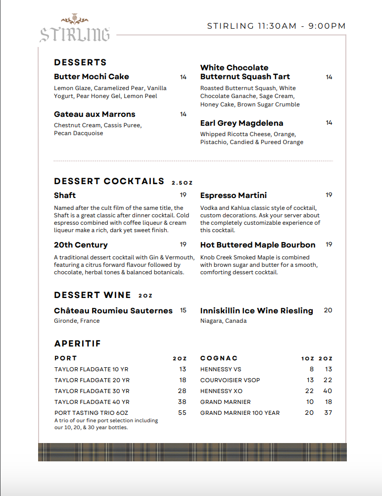 Menu, Stirling Grill and Lounge