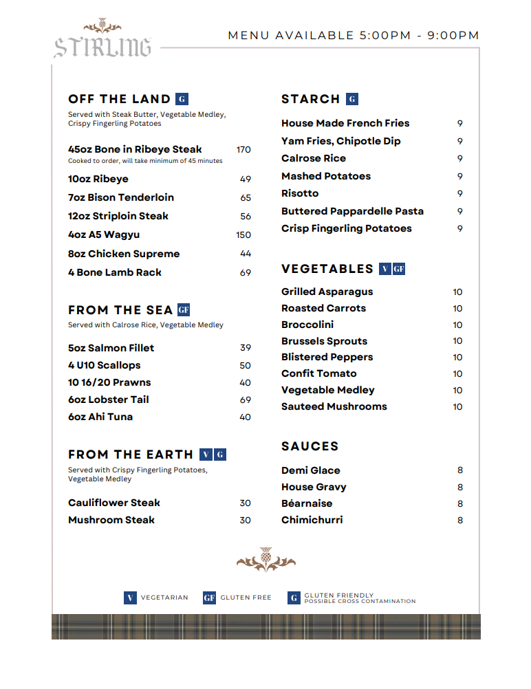 Menu, Stirling Grill and Lounge