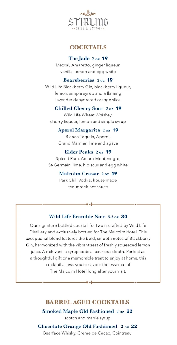 Menu, Stirling Grill and Lounge