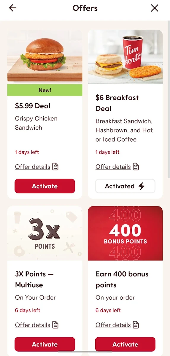 Menu, Tim Hortons