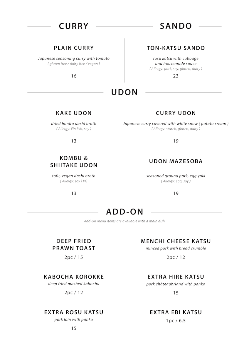 Menu, Katsu+Co.