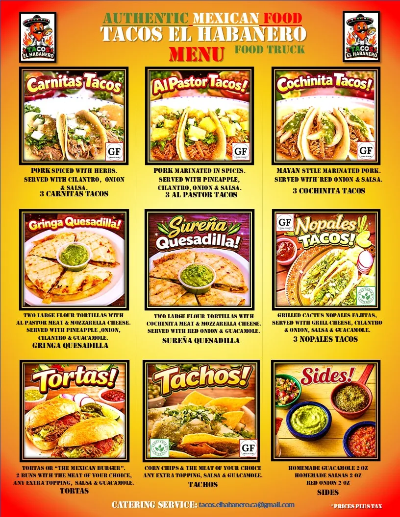 Menu, Tacos El Habanero Food Truck