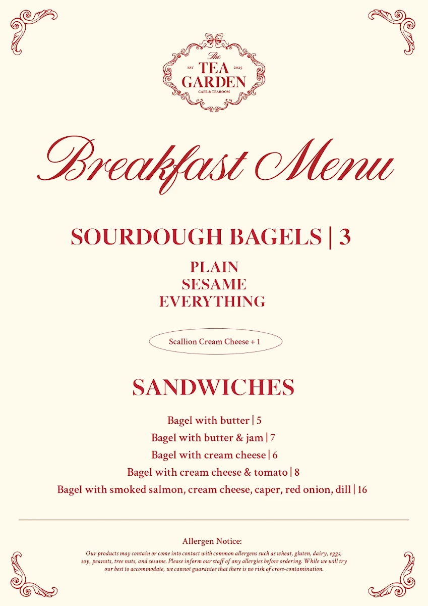 Menu, The Tea Garden Bakery Cafe & Tearoom
