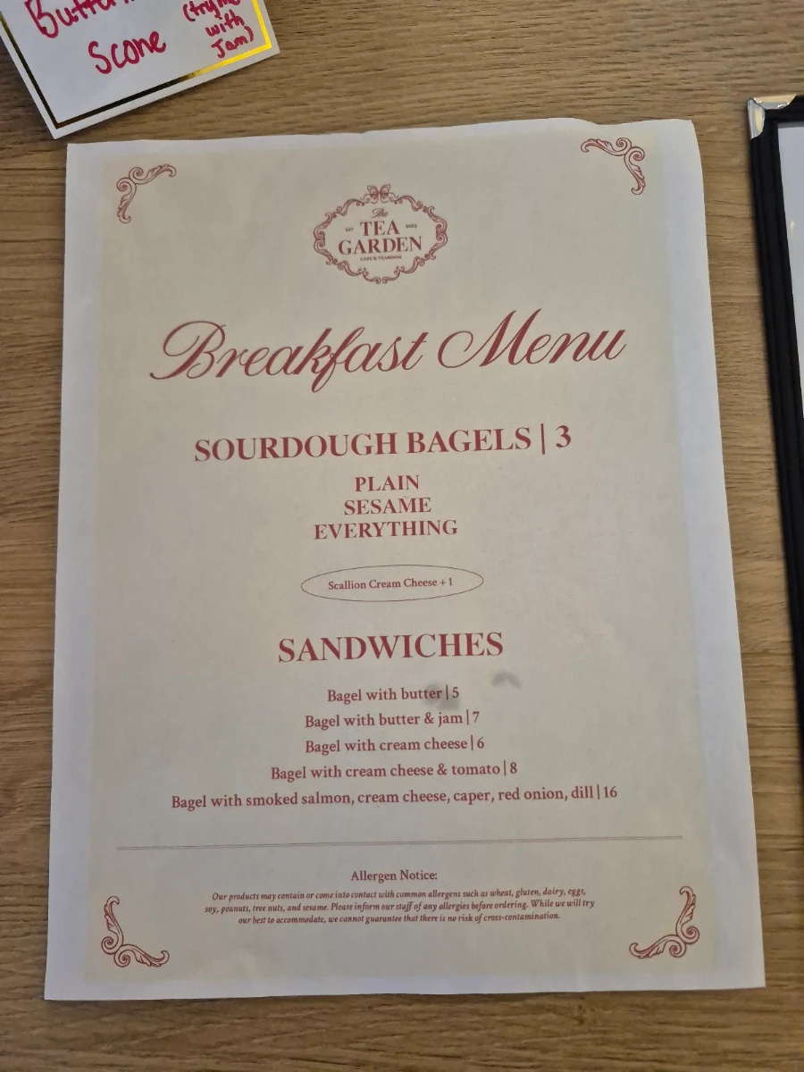 Menu, The Tea Garden Bakery Cafe & Tearoom