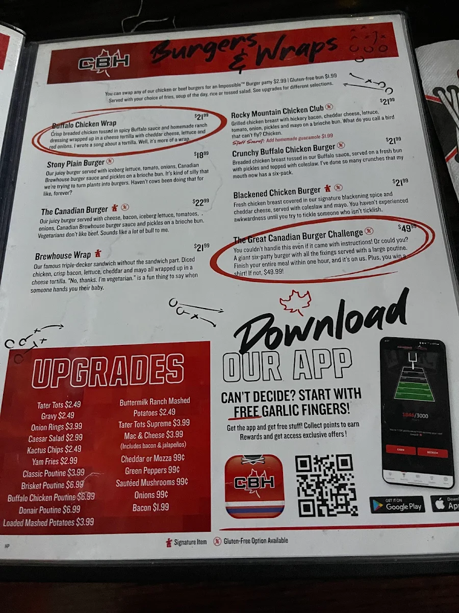 Menu, The Canadian Brewhouse & Grill (Prince George)