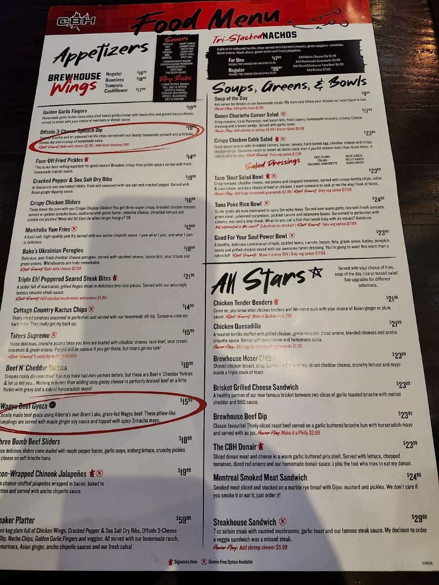 Menu, The Canadian Brewhouse & Grill (Prince George)