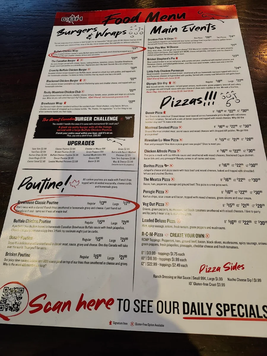 Menu, The Canadian Brewhouse & Grill (Prince George)