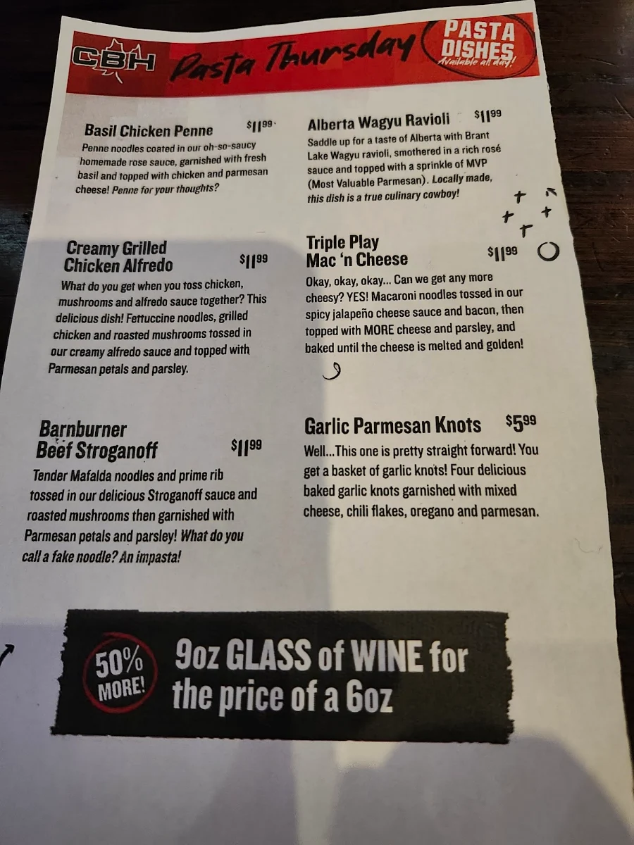 Menu, The Canadian Brewhouse & Grill (Prince George)