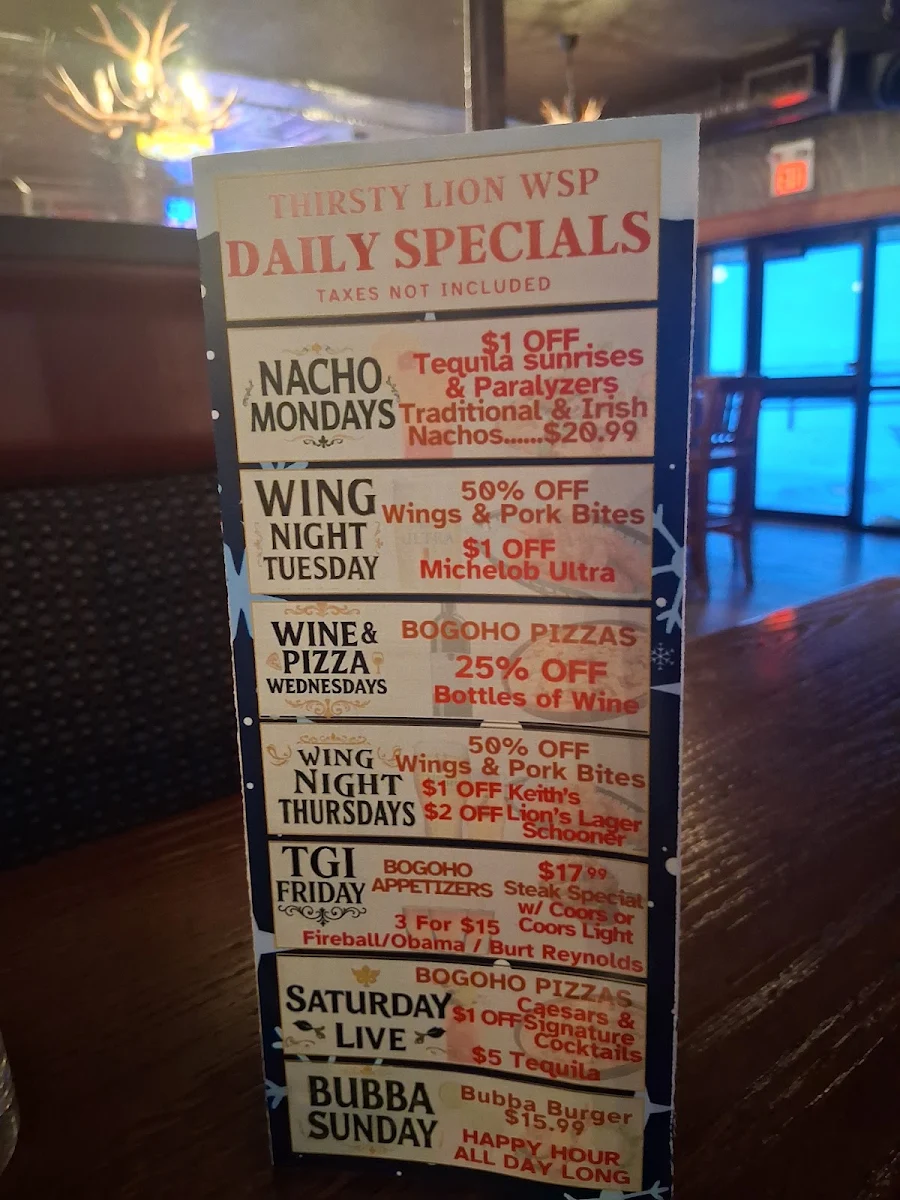 Menu, Thirsty Lion Tavern West St. Paul