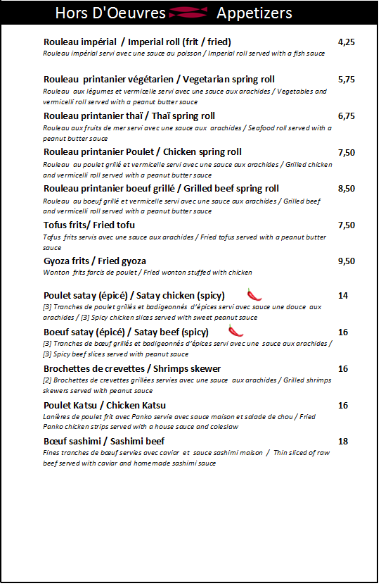 Menu, Restaurant Bato Thai