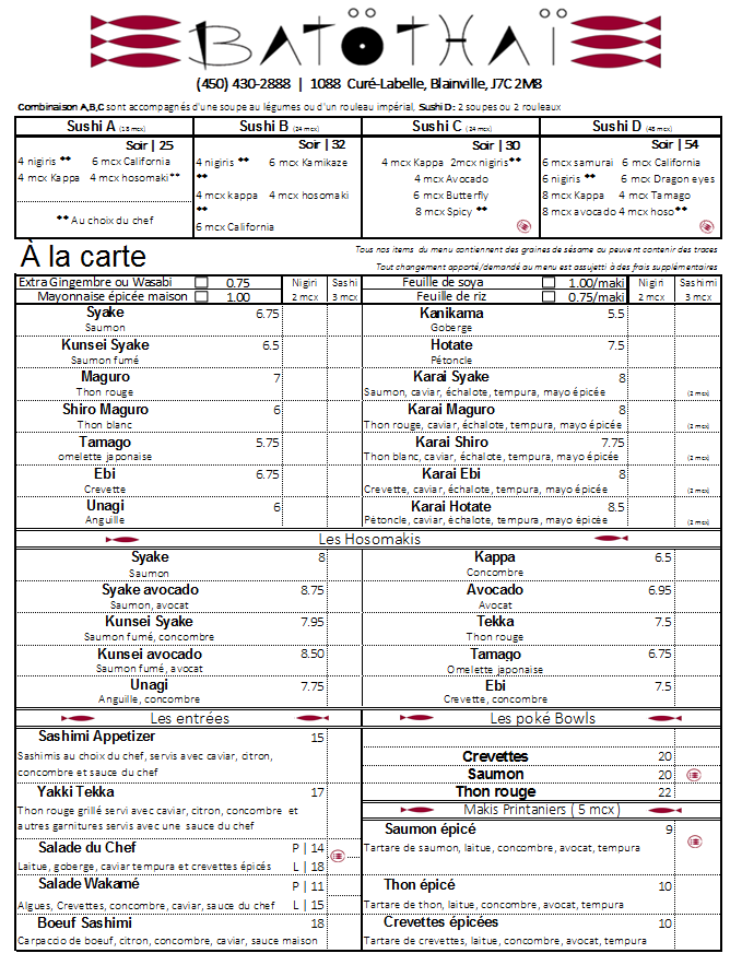 Menu, Restaurant Bato Thai