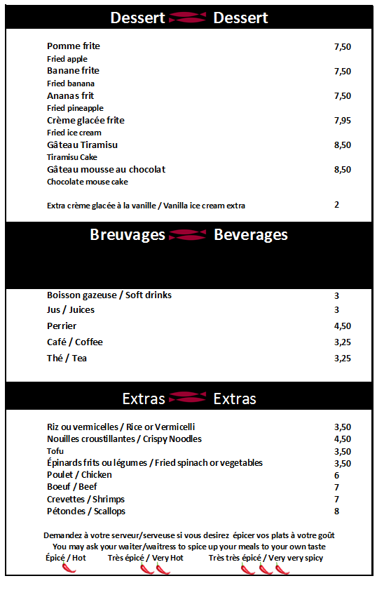 Menu, Restaurant Bato Thai
