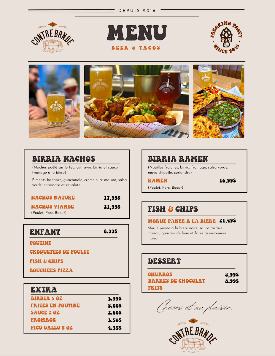 Menu, La Contrebande microbrasserie