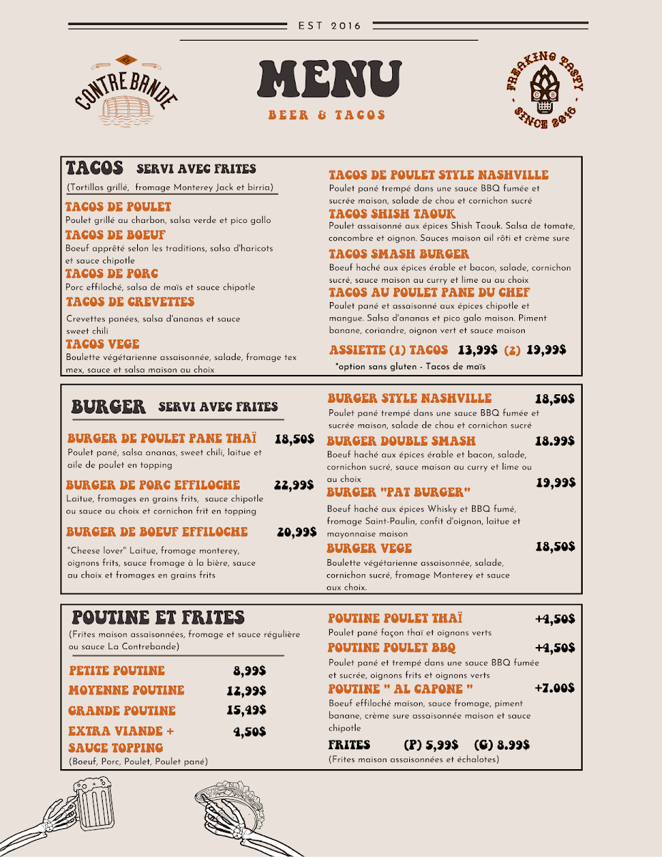 Menu, La Contrebande microbrasserie
