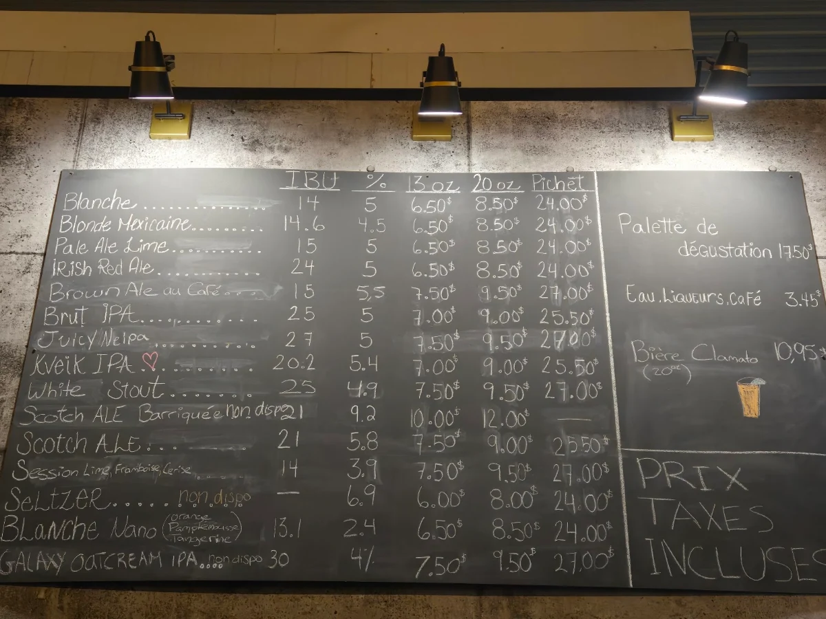 Menu, La Contrebande microbrasserie