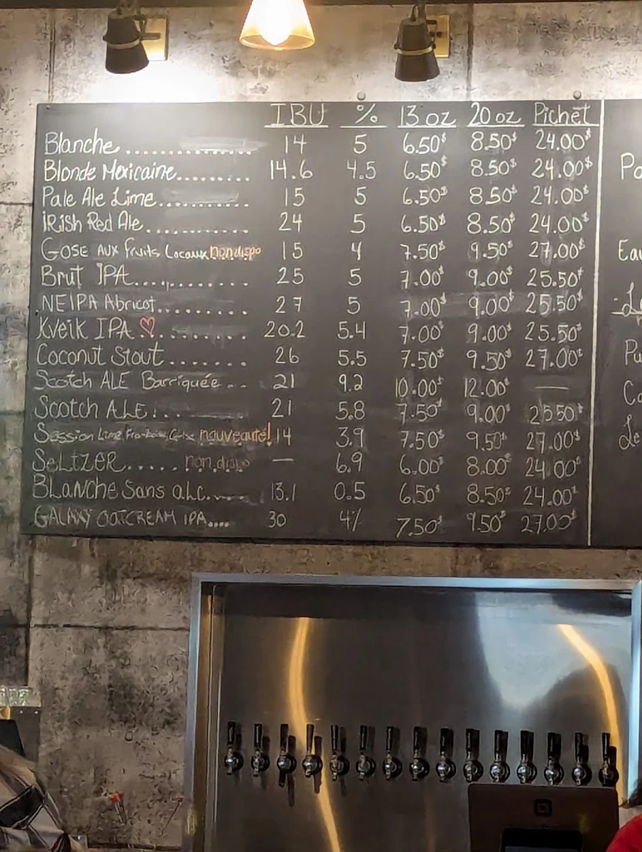 Menu, La Contrebande microbrasserie