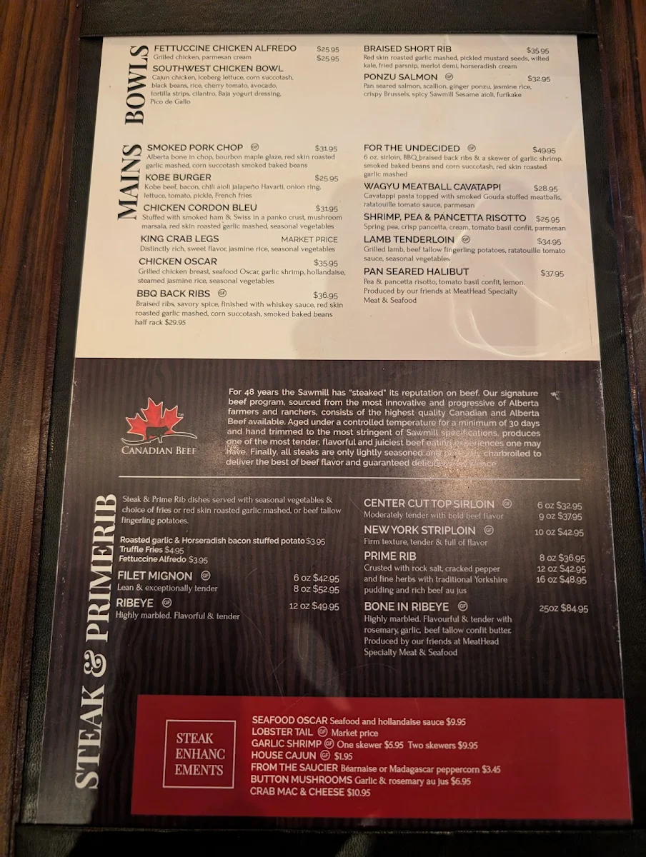 Menu, Sawmill Prime Rib & Steak House Leduc