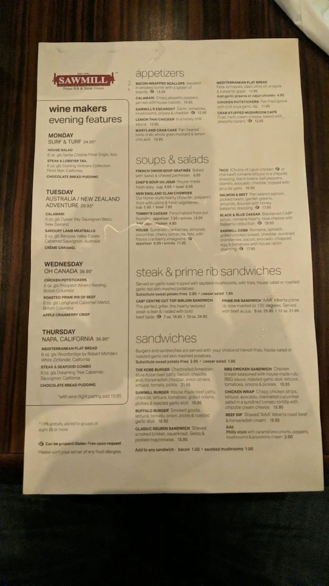 Menu, Sawmill Prime Rib & Steak House Leduc