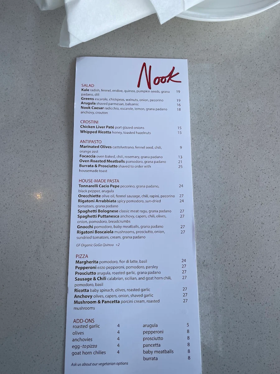 Menu, Nook Olympic Village
