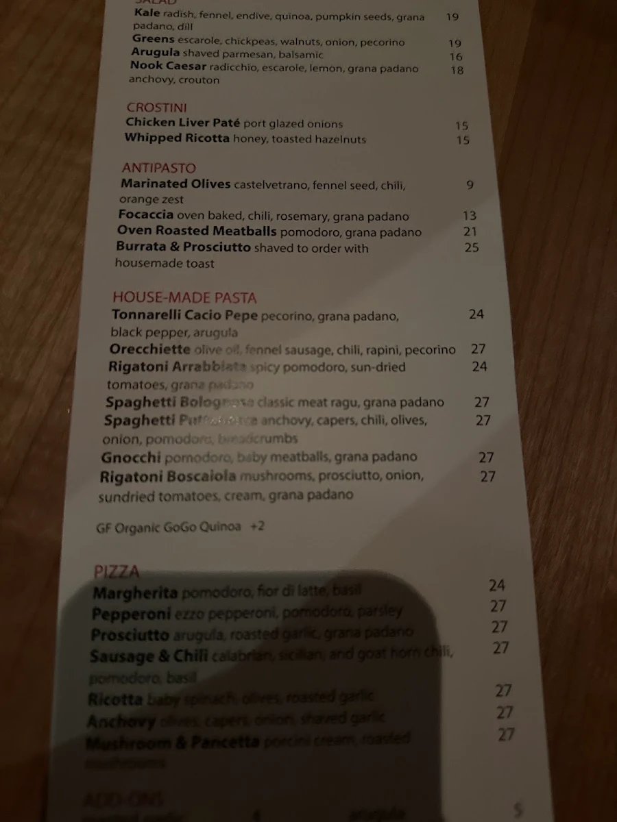Menu, Nook Olympic Village