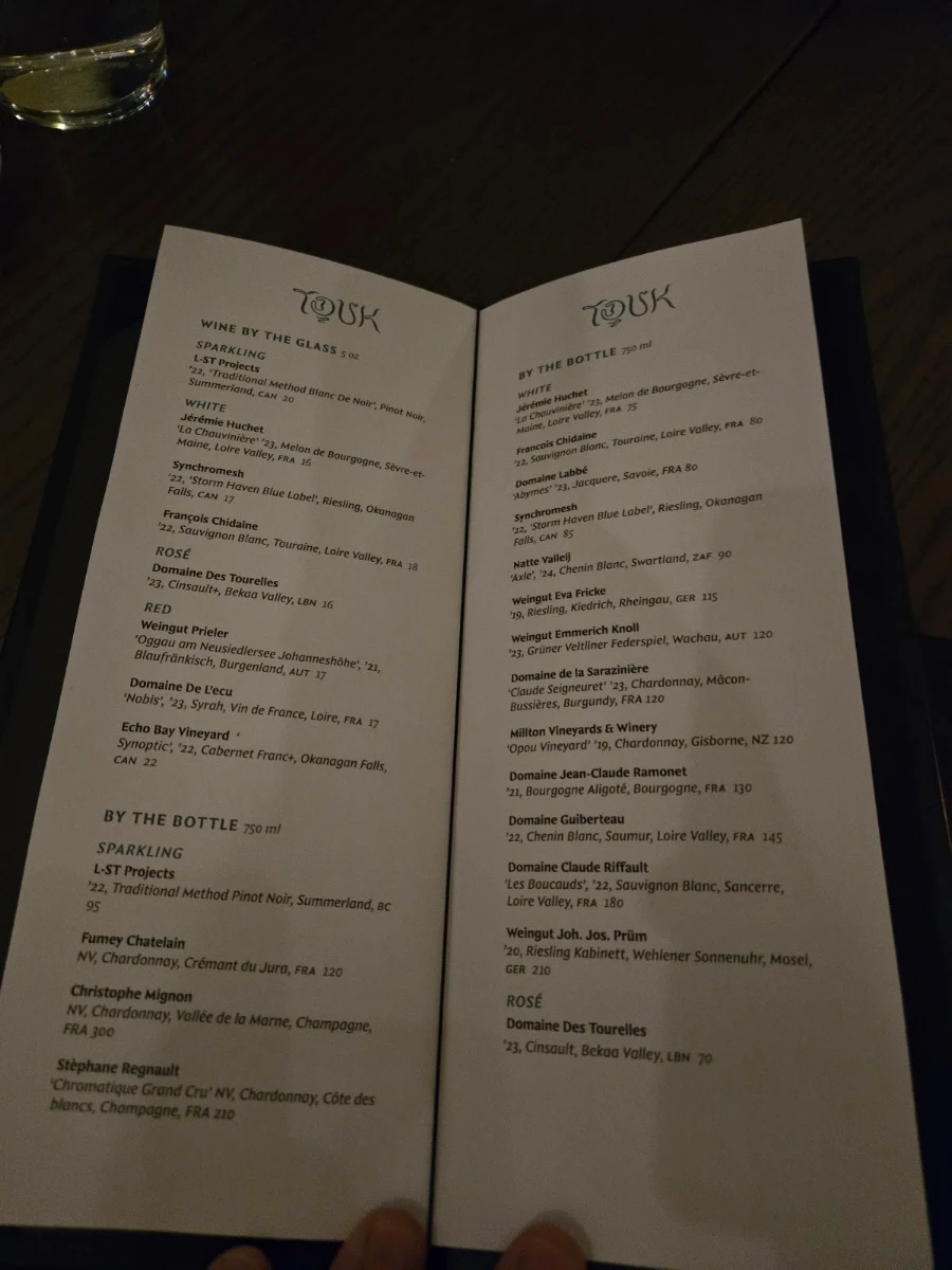 Menu, Touk Contemporary Cambodian