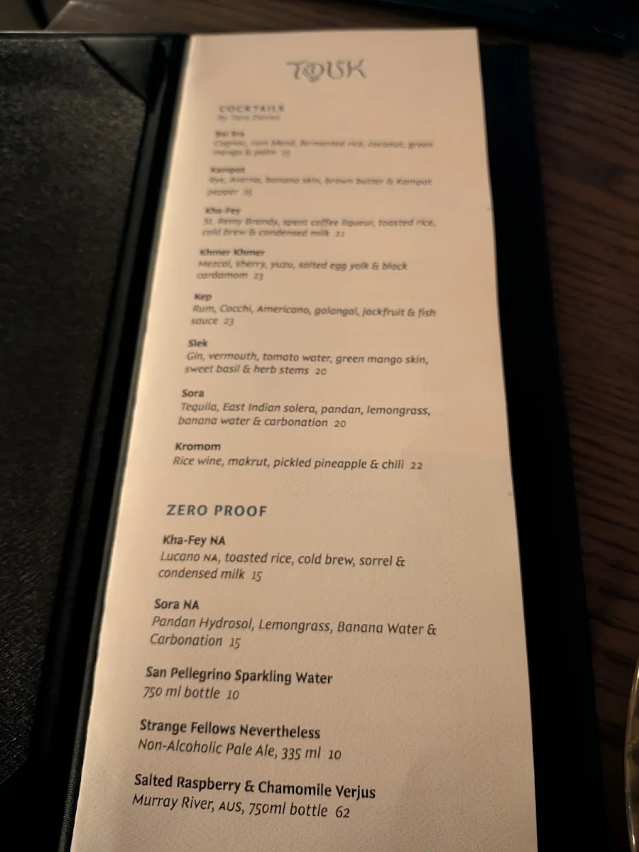 Menu, Touk Contemporary Cambodian
