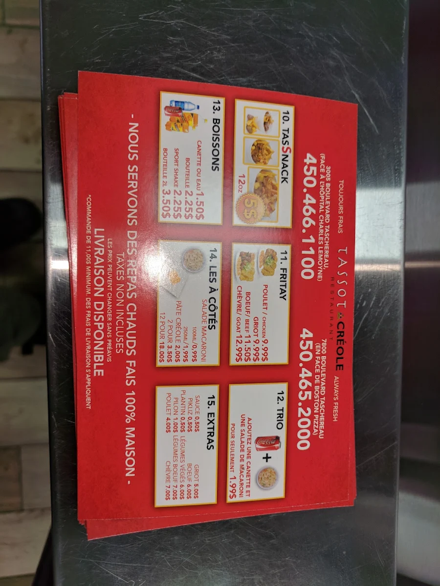 Menu, Tassot Creole (Greenfield Park)