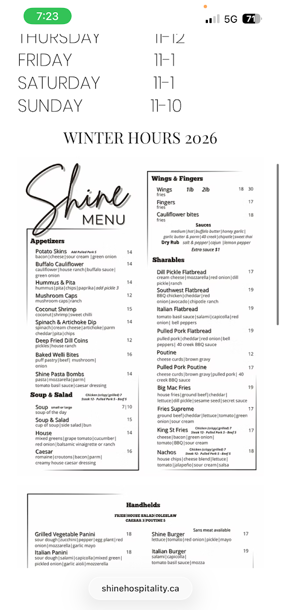 Menu, Shine Hospitality Inc.