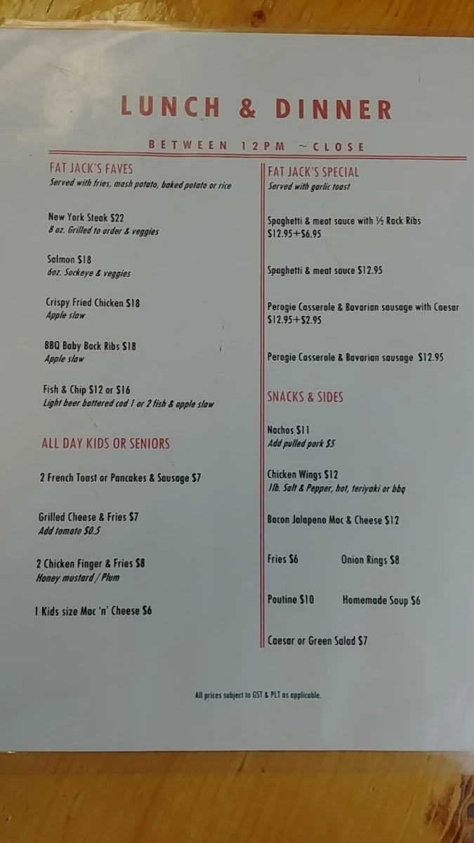 Menu, Fat Jack's Diner & Pub
