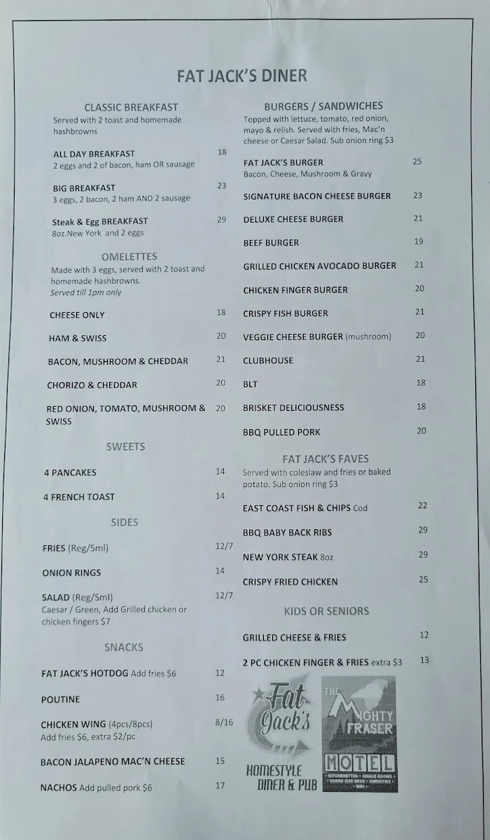 Menu, Fat Jack's Diner & Pub