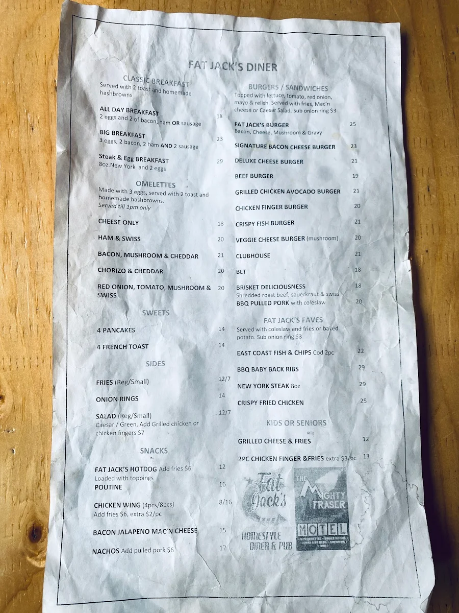Menu, Fat Jack's Diner & Pub