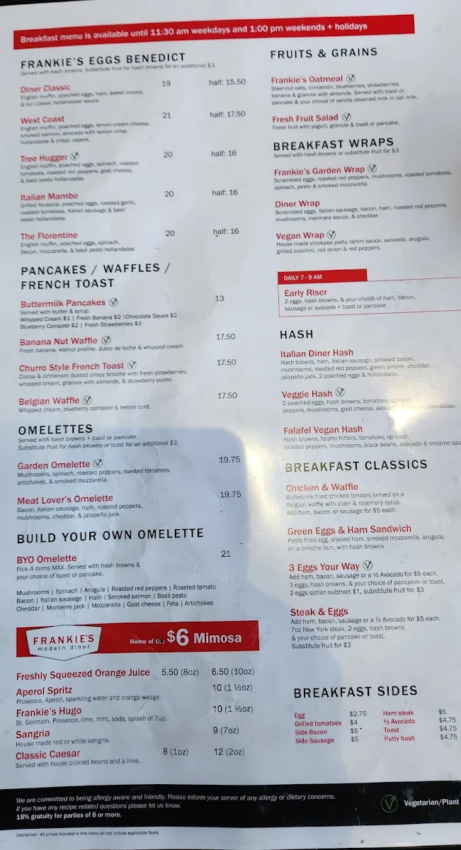 Menu, Frankie's Modern Diner
