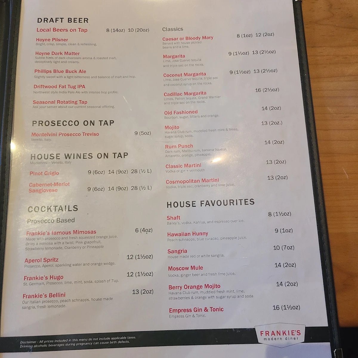 Menu, Frankie's Modern Diner