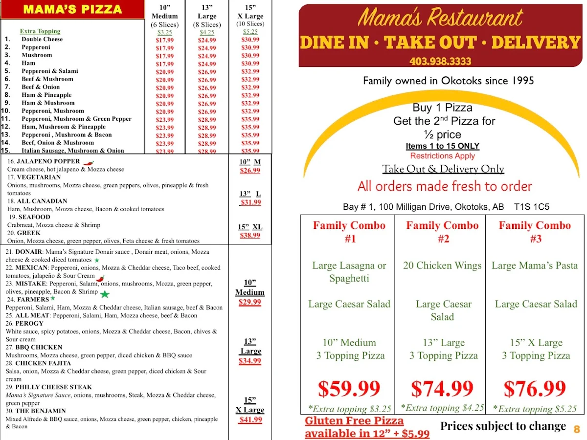 Menu, Mama's Restaurant Okotoks